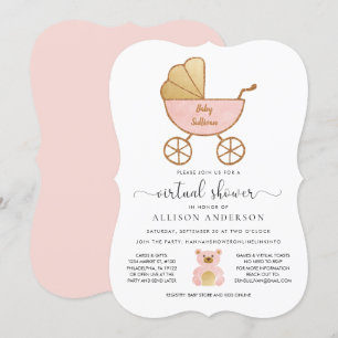 Virtual Baby Girl Shower Retro Carriage Pink Gold Kaart