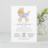 Virtual Baby shower Boy | Retro Carriage Blue Gold Kaart (Staand voorkant)