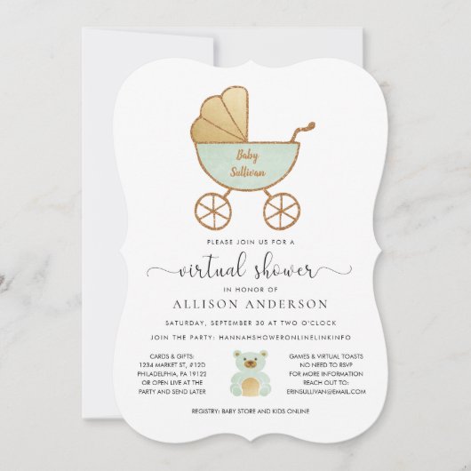 Virtual Baby shower Cute Retro Carriage Mint Gold Kaart (Voorkant)