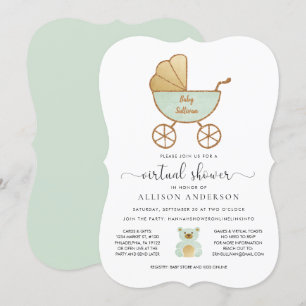 Virtual Baby shower Cute Retro Carriage Mint Gold Kaart