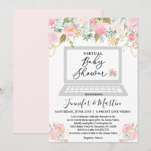 Virtual Baby shower Floral Invitation Kaart (Voorkant / Achterkant)