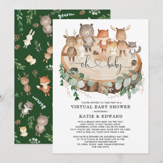 Virtual Baby shower Greenery Woodland Animals Kaart (Voorkant / Achterkant)