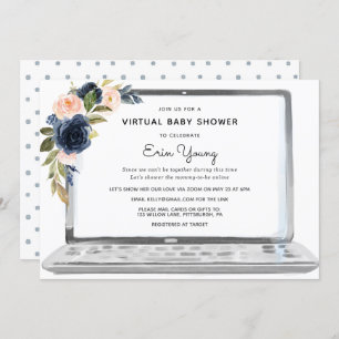 Virtual Baby shower Laptop Navy & Blush Flowers Kaart