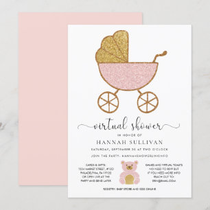 Virtual Baby shower Retro Carriage Glitter Pink Kaart