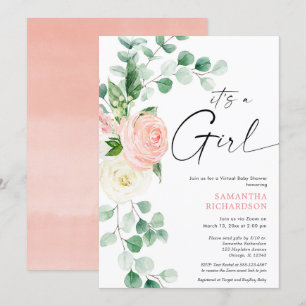 Virtual baby shower voorjaar bloemen roze groen kaart