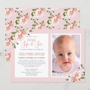 Virtual Blush Pink Floral Photo Baby Girl Shower Kaart