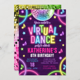 Virtual Dance Party Neon Glow Birthday-uitnodiging Kaart