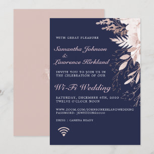 Virtual Dusty Roos Floral Navy Blue Wedding Kaart