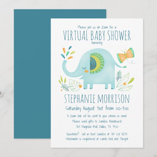Virtual Elephant Blue Boy Schattige Oerwoud Baby s Kaart (Voorkant / Achterkant)