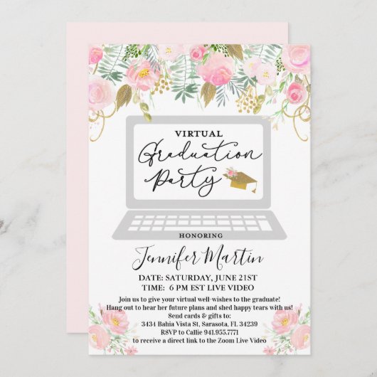 Virtual Graduation Party Floral Invitation (Devant / Derrière)