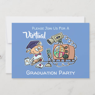 Virtual Graduation Party Funny Cartoon Blue Kaart