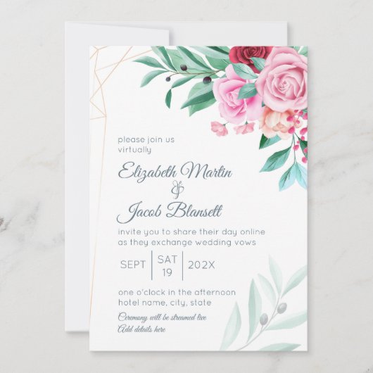 Virtual Modern Floral Wedding Rozen & Eucalyptus Kaart (Voorkant)