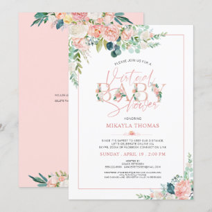 Virtual Online Baby shower Roos Goud Roze Bloemen Kaart