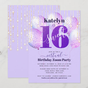 Virtual Paarse Glitter Sweet 16 Verjaardagsballonn Kaart