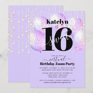 Virtual Paarse Sweet 16 Verjaardag Girly Balloons Kaart