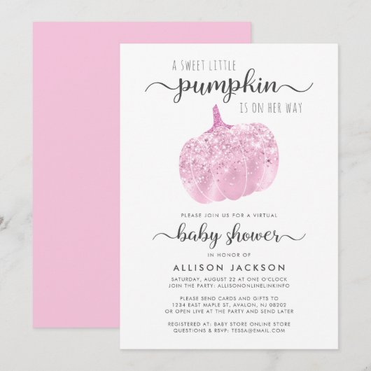 Virtual Pumpkin Pink Glitter Sparkle Baby shower Kaart (Voorkant / Achterkant)