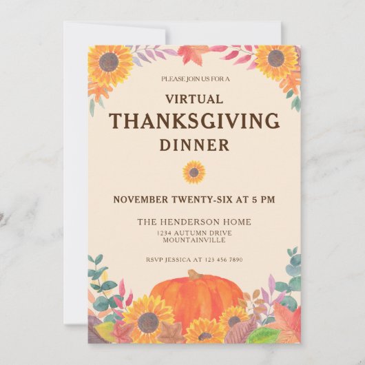 Virtual Pumpkin Sunflower Thanksgiving Dinner Kaart (Voorkant)