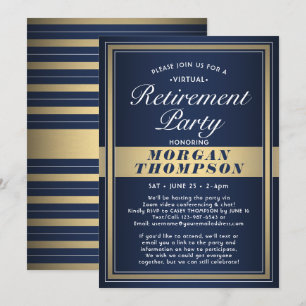 Virtual Retirement Party Navy Blauw Wit en Goud Kaart