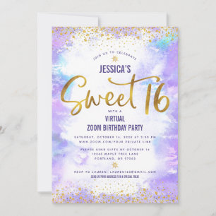 Virtual Sweet 16 Paarse Waterverf Gold Birthday Kaart