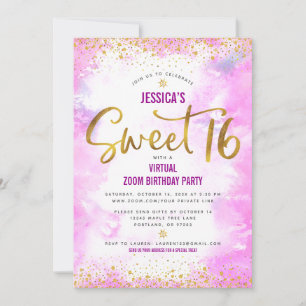 Virtual Sweet 16 Pink Waterverf Gold Birthday Kaart
