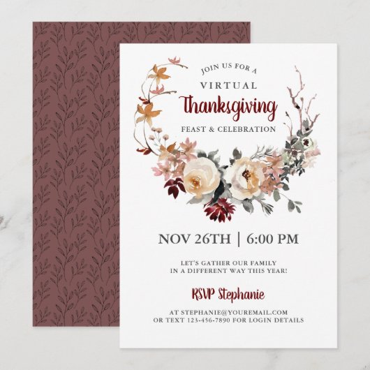 Virtual Thanksgiving Rustic Floral-diner Kaart (Voorkant / Achterkant)