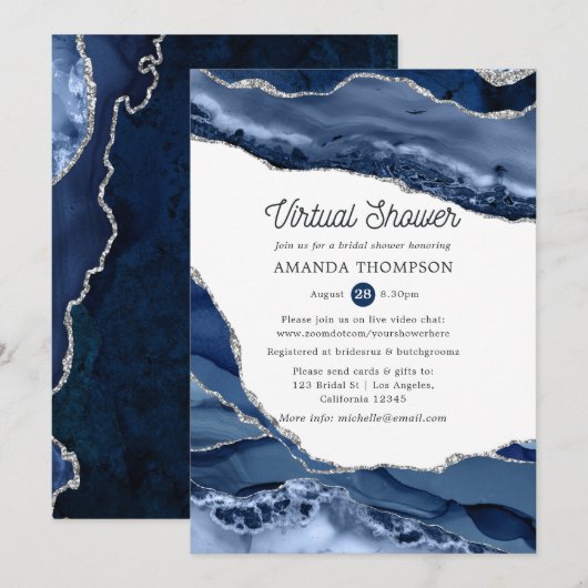 Virtual Vrijgezellenfeest Navy and Silver Agate Kaart (Voorkant / Achterkant)
