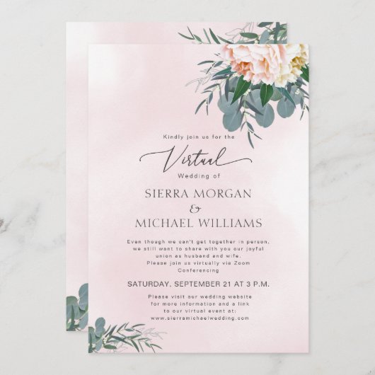 Virtual Wedding Blush Pink Peony Waterverf Kaart (Voorkant / Achterkant)