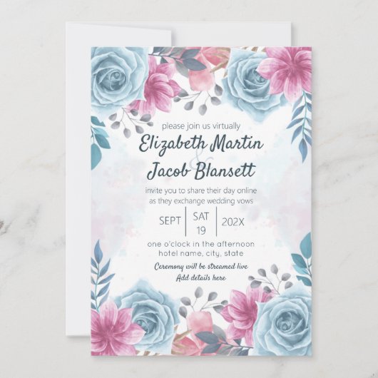 Virtual Wedding Dusty Blue Roos en Pink Floral Kaart (Voorkant)