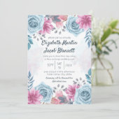 Virtual Wedding Dusty Blue Roos en Pink Floral Kaart (Staand voorkant)