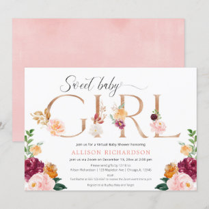 Virtueel baby shower meisje roos gouden bordeauxro kaart