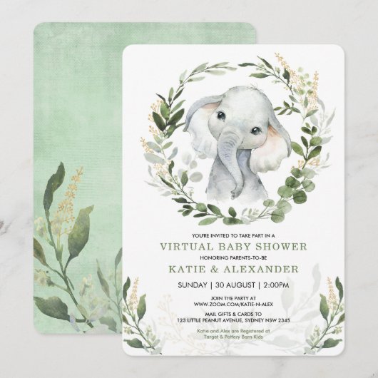 Virtueel Baby shower per post | groen olifant Kaart (Voorkant / Achterkant)