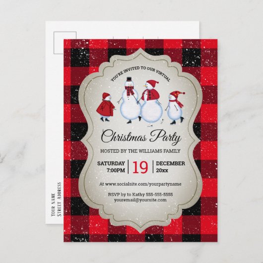 Virtueel Kerstfeest Sneeuwman Red Buffalo Plaid Uitnodiging Briefkaart (Voorkant / Achterkant)