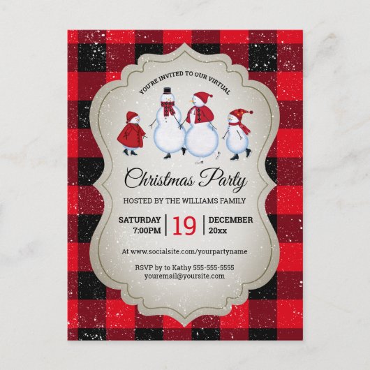 Virtueel Kerstfeest Sneeuwman Red Buffalo Plaid Uitnodiging Briefkaart (Voorkant)