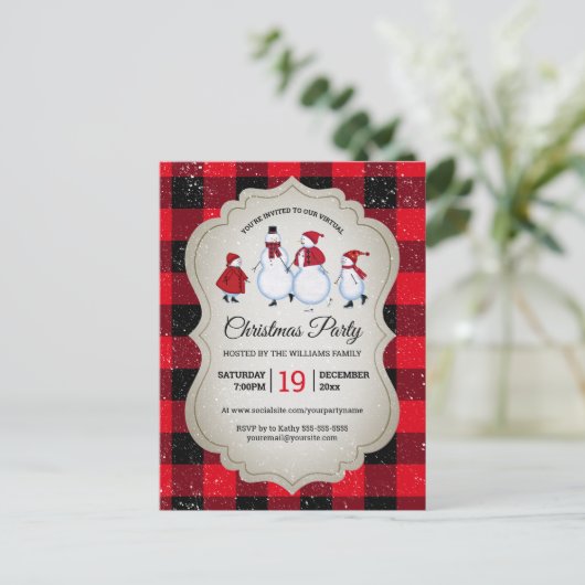 Virtueel Kerstfeest Sneeuwman Red Buffalo Plaid Uitnodiging Briefkaart (Staand voorkant)