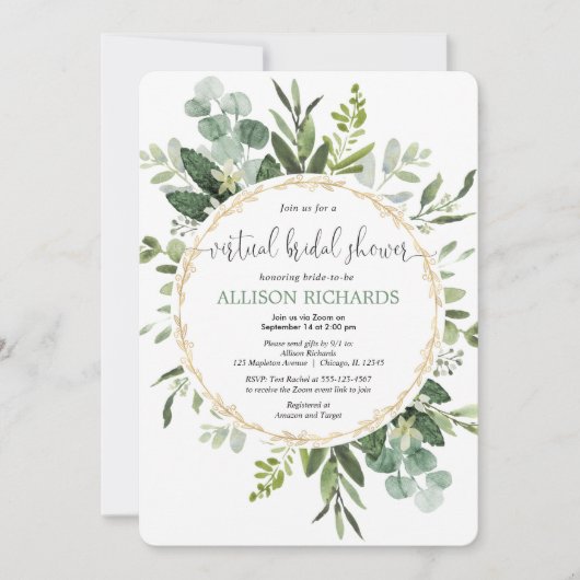 Virtueel vrijgezellenfeest groen goud eucalyptus kaart (Voorkant)