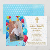 Virtuele 1e Verjaardag Doop Blauw Goud Tekst Foto Kaart (Voorkant / Achterkant)