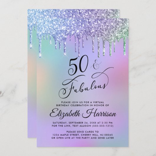Virtuele 50e verjaardag Rainbow Glitter Kaart (Voorkant / Achterkant)