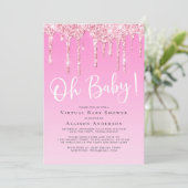 Virtuele Baby Meisje Douche Glitter Drip Roze Kaart (Staand voorkant)