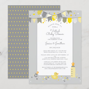 Virtuele Baby Shower Grijs Geel Cute Banner Modern Kaart