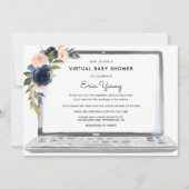 Virtuele Baby Shower Laptop Navy & Blush Bloemen Kaart (Voorkant)