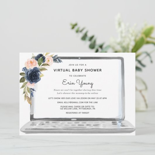 Virtuele Baby Shower Laptop Navy & Blush Bloemen Kaart (Staand voorkant)