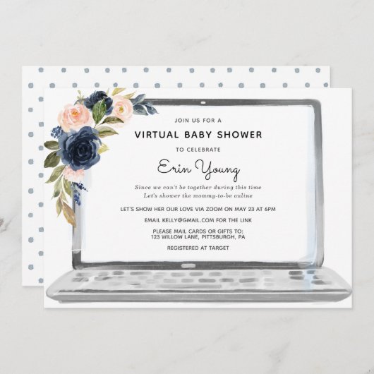 Virtuele Baby Shower Laptop Navy & Blush Bloemen Kaart (Voorkant / Achterkant)