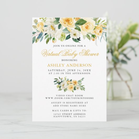 Virtuele Baby Shower Waterverf Gele Bloemen Kaart (Staand voorkant)