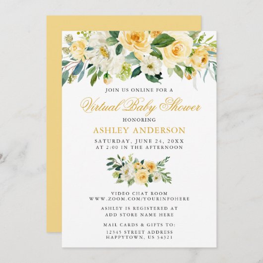 Virtuele Baby Shower Waterverf Gele Bloemen Kaart (Voorkant / Achterkant)
