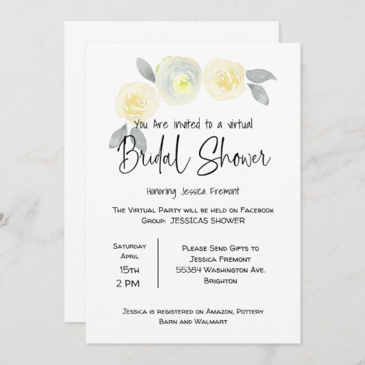 Virtuele bruids bruiloft douche Facebook geel grij Aankondiging (Voorkant / Achterkant)