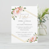 Virtuele Bruiloft Blush Pioen Bloemen Goud Mint Gr Kaart (Staand voorkant)