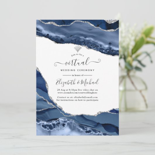 Virtuele bruiloft in Navy en Silver Agate Online Kaart (Staand voorkant)