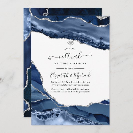 Virtuele bruiloft in Navy en Silver Agate Online Kaart (Voorkant / Achterkant)