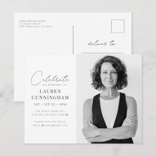 Virtuele feestvieren haar moderne eenvoudige foto uitnodiging briefkaart (Voorkant / Achterkant)