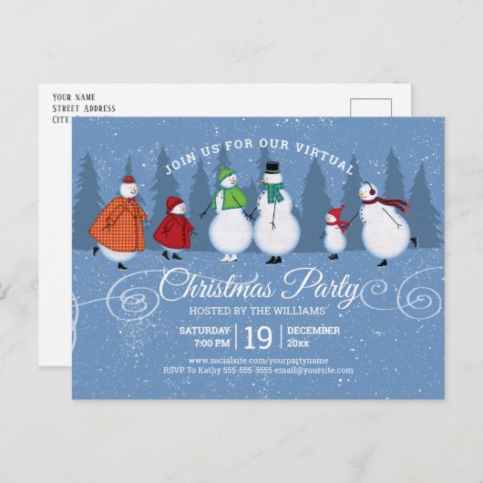 Virtuele Kerstfeest Sneeuwman Schaatsen Pijnbomen Uitnodiging Briefkaart (Voorkant / Achterkant)